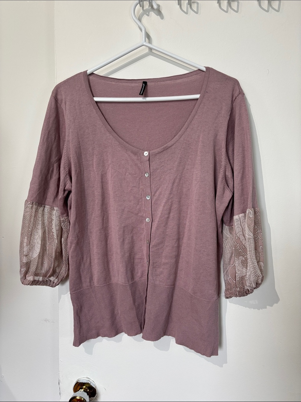 SoyaConcept 55% SILK Mauve Button-Front Top with Sheer Patterned 3/4 Sleeves